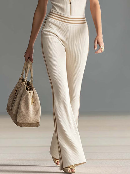 Retro Sporty Vacation Hooded Zipper V-neck Off-white Knitted Jumpsuit