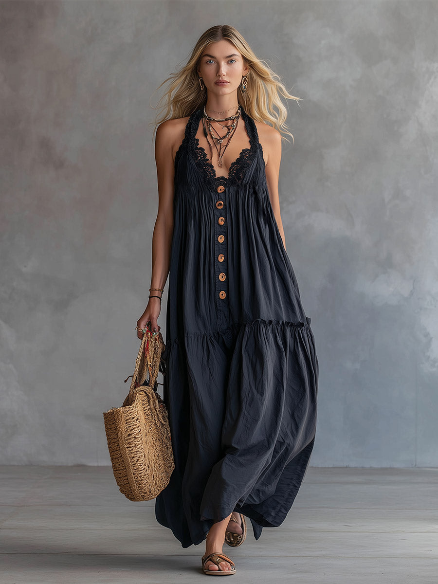 Retro Bohemian Lace-Trimmed Black Cotton Sleeveless Maxi Dress