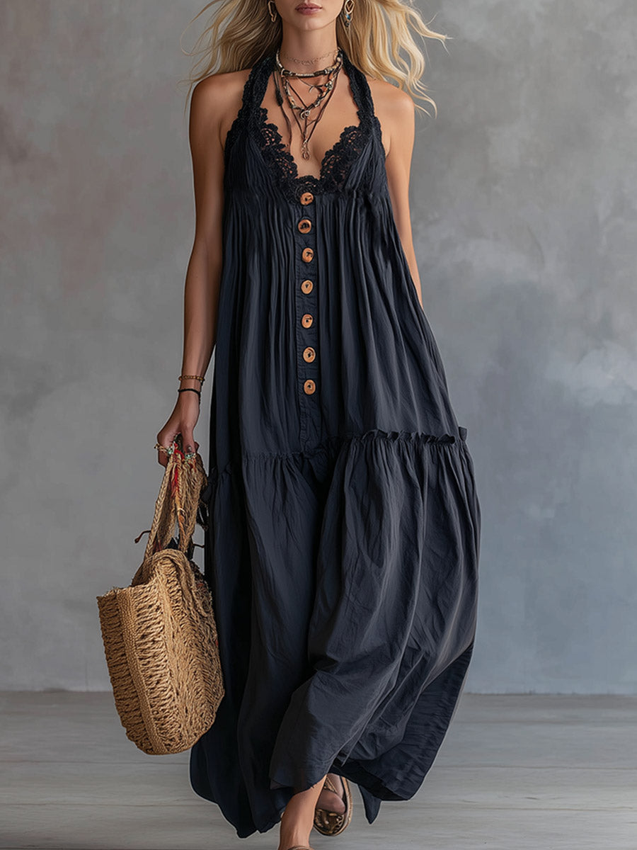 Retro Bohemian Lace-Trimmed Black Cotton Sleeveless Maxi Dress