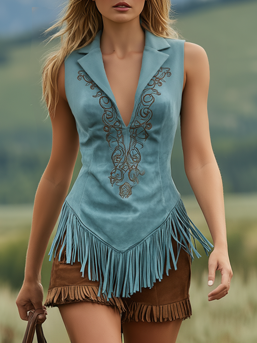 Bohemian Western Style Sleeveless Collared Embroidered Tassel Faux Suede Top