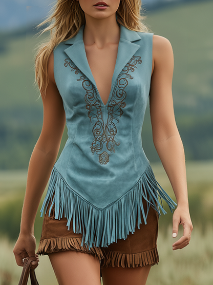 Bohemian Western Style Sleeveless Collared Embroidered Tassel Faux Suede Top