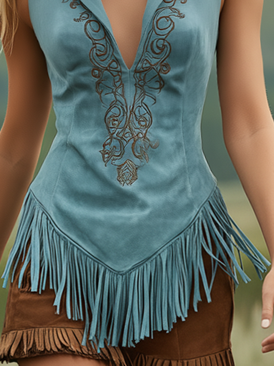Bohemian Western Style Sleeveless Collared Embroidered Tassel Faux Suede Top