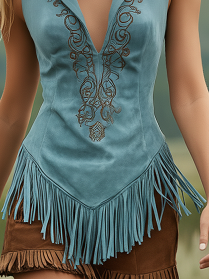 Bohemian Western Style Sleeveless Collared Embroidered Tassel Faux Suede Top