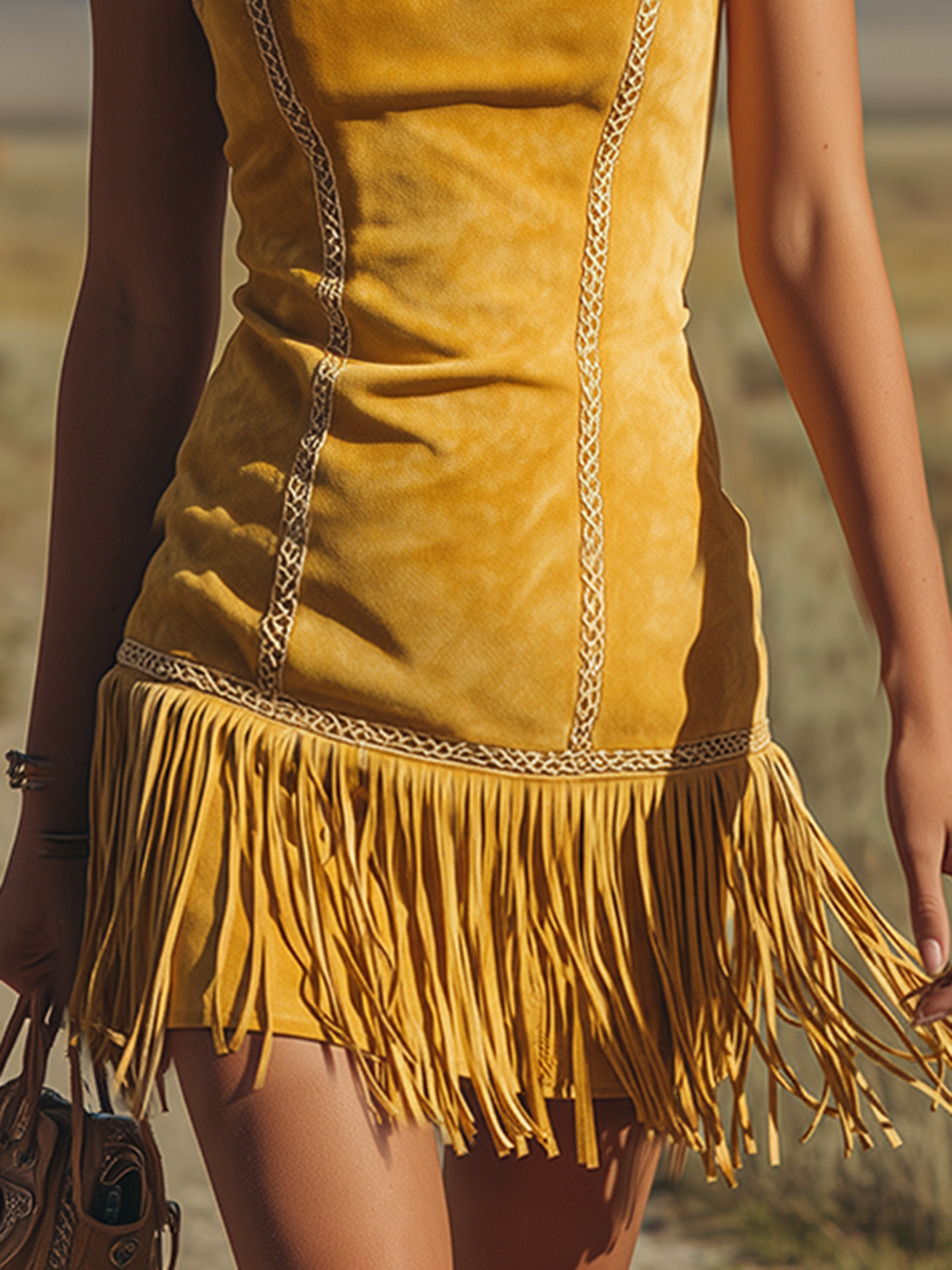 Bohemian Western-Style Square-Neck Sleeveless Fringed Faux Suede Mini Dress