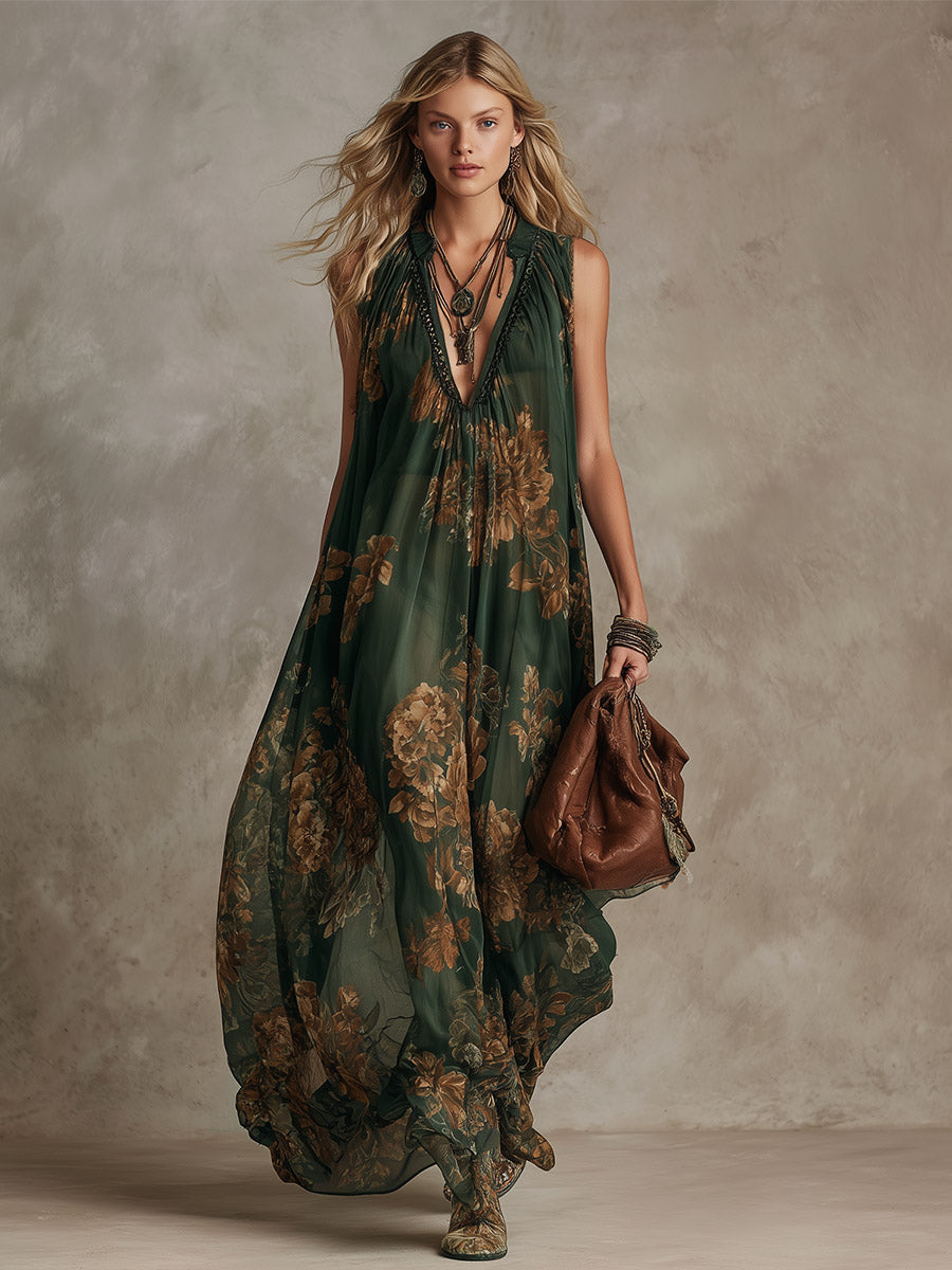 Retro-Silhouette Green Chiffon Floral-Print Sleeveless Maxi Dress