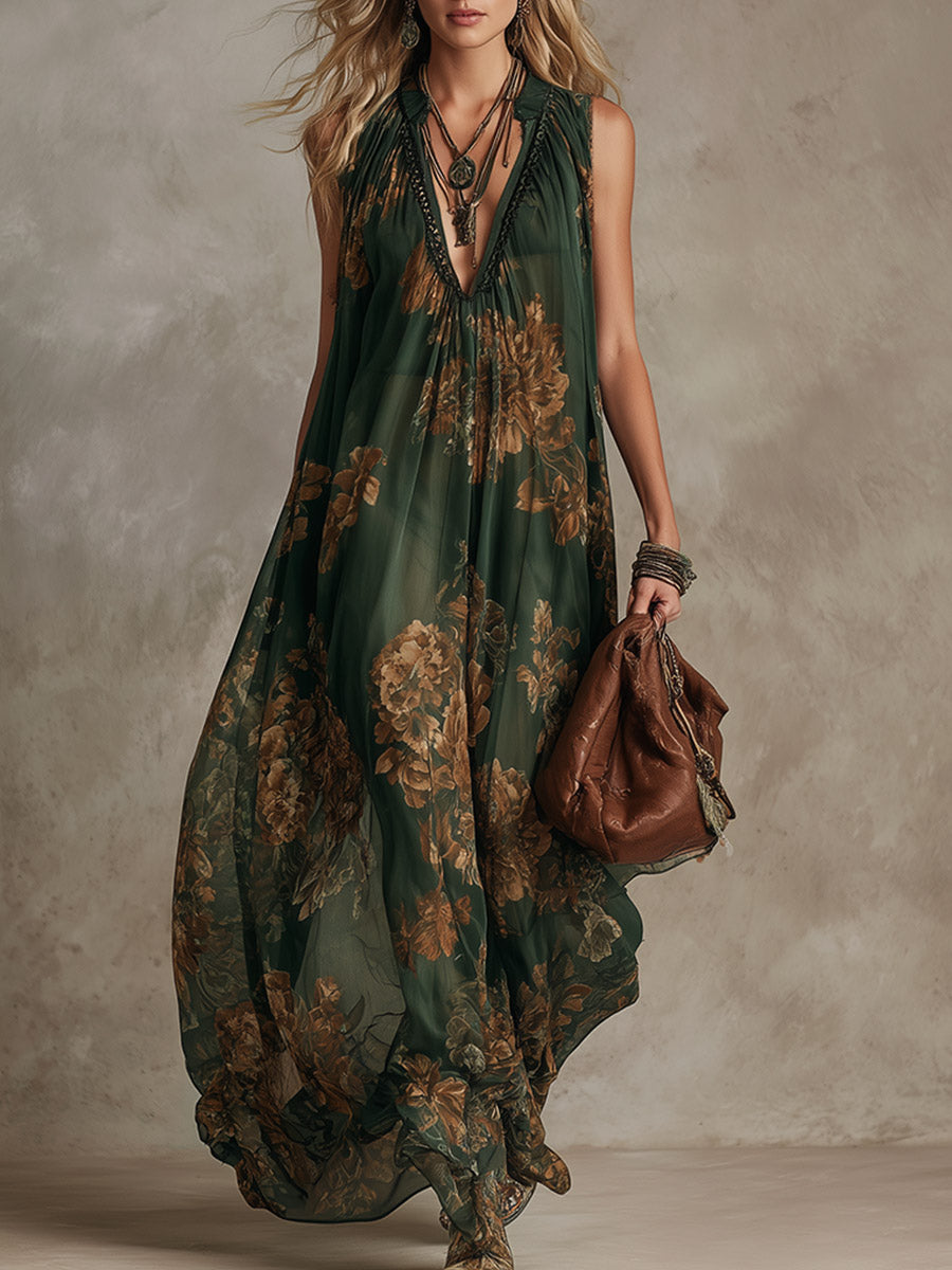 Retro-Silhouette Green Chiffon Floral-Print Sleeveless Maxi Dress
