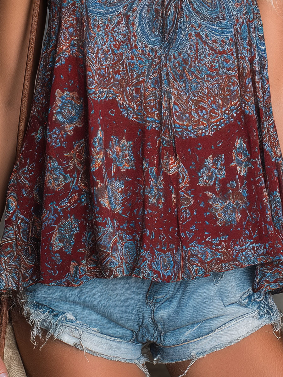 Fashionable Retro Sleeveless Printed Chiffon Top