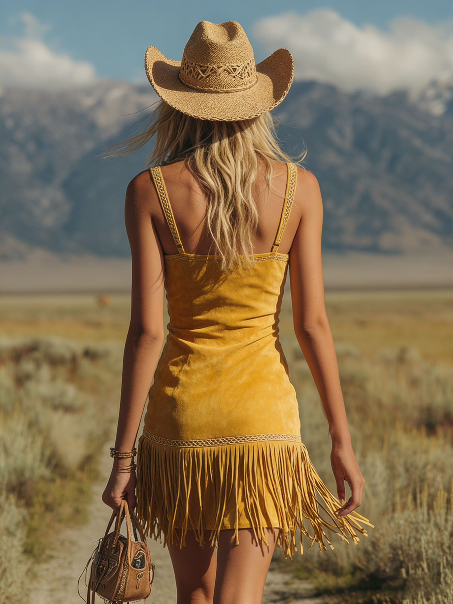 Bohemian Western-Style Square-Neck Sleeveless Fringed Faux Suede Mini Dress