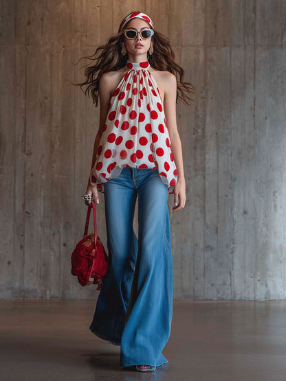 Fashionable Retro Red Polka Dot White Chiffon Sleeveless Halter Neck Tulip Shirt
