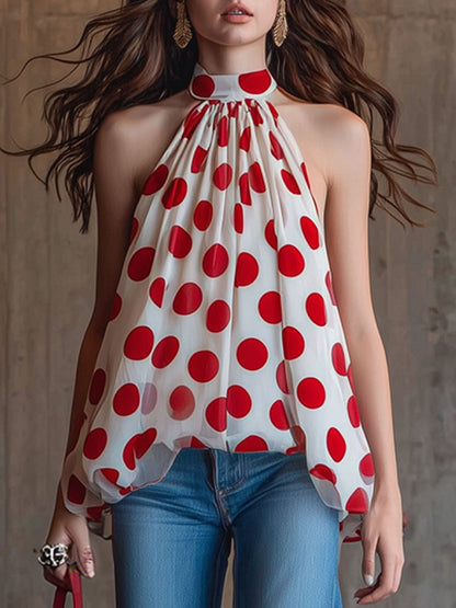 Fashionable Retro Red Polka Dot White Chiffon Sleeveless Halter Neck Tulip Shirt