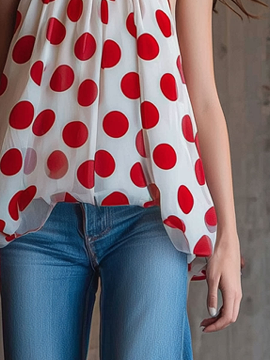 Fashionable Retro Red Polka Dot White Chiffon Sleeveless Halter Neck Tulip Shirt