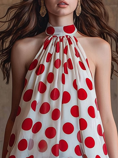 Fashionable Retro Red Polka Dot White Chiffon Sleeveless Halter Neck Tulip Shirt