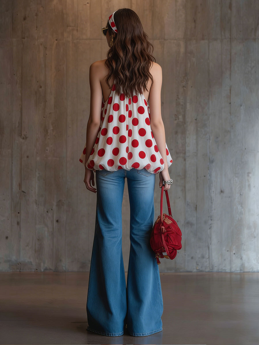 Fashionable Retro Red Polka Dot White Chiffon Sleeveless Halter Neck Tulip Shirt