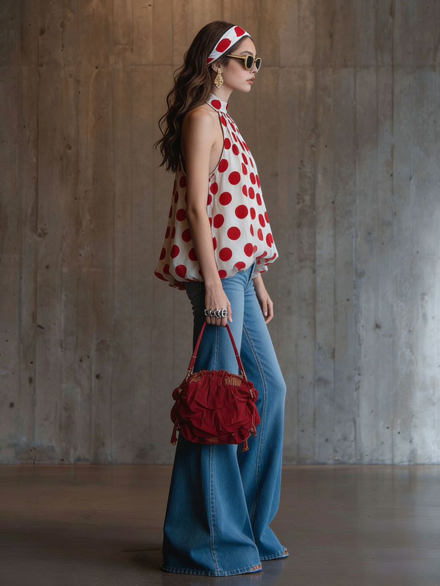 Fashionable Retro Red Polka Dot White Chiffon Sleeveless Halter Neck Tulip Shirt