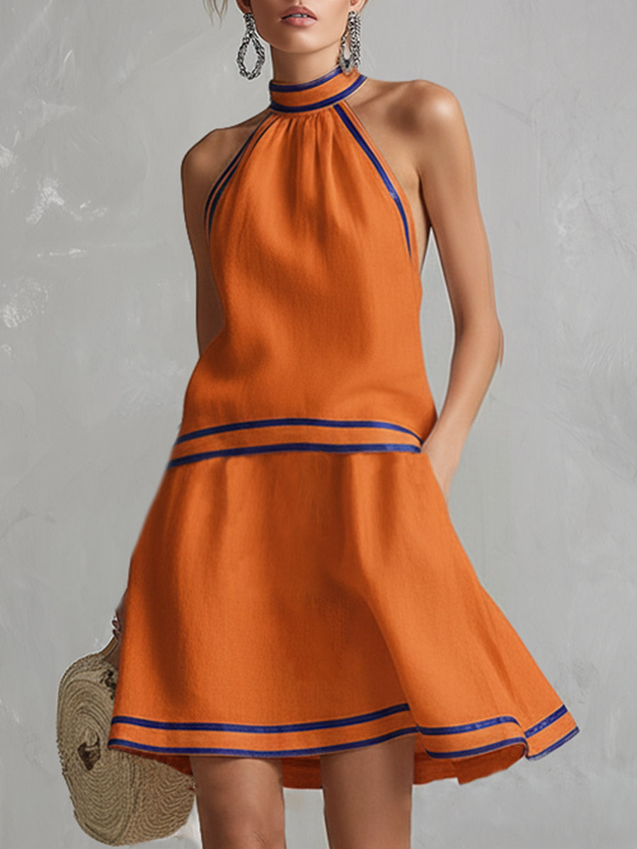 Elegant Color-Block Trim Orange Cotton-Linen Halter Sleeveless Mini Dress