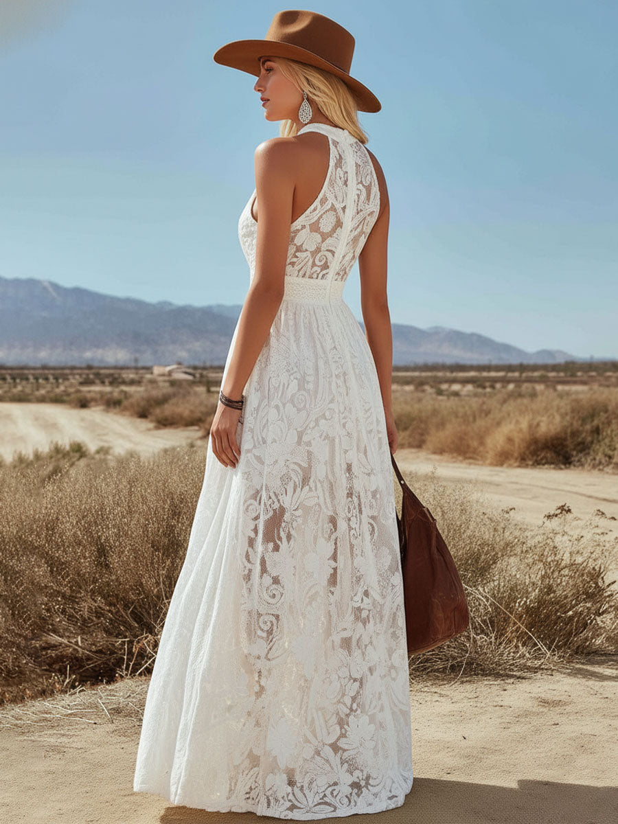 Retro Halter Neck Openwork Sleeveless Lace Maxi Dress