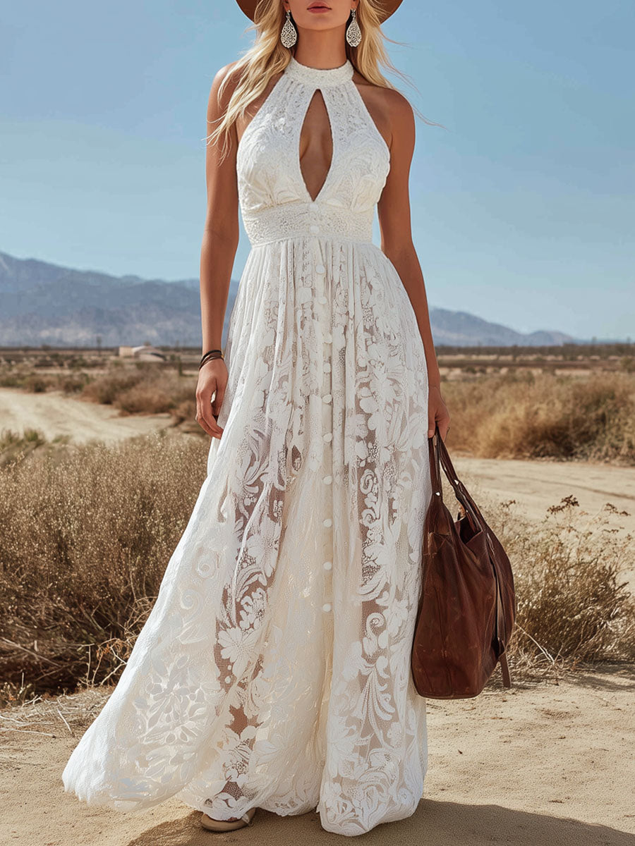 Retro Halter Neck Openwork Sleeveless Lace Maxi Dress