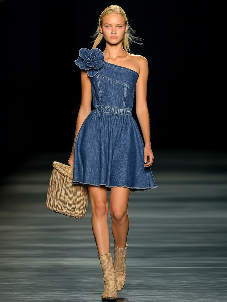 Elegant Retro 3D Floral Blue Denim Sleeveless Mini Dress