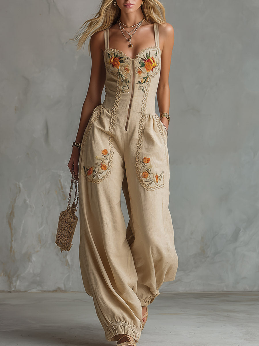 Retro Bohemian Embroidered Beige Cotton-Linen Sleeveless Wide-Leg Jumpsuit