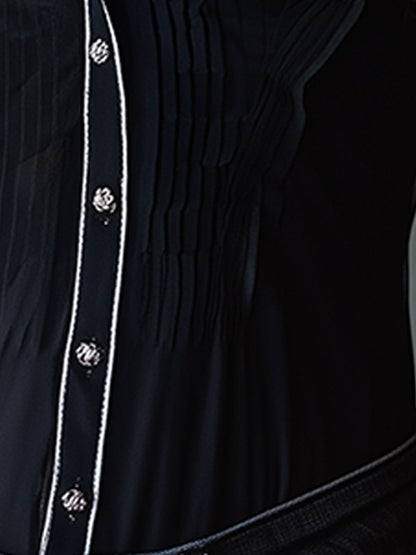 Vintage Embroidered White-trimmed Black Chiffon Collared Short-sleeved Shirt