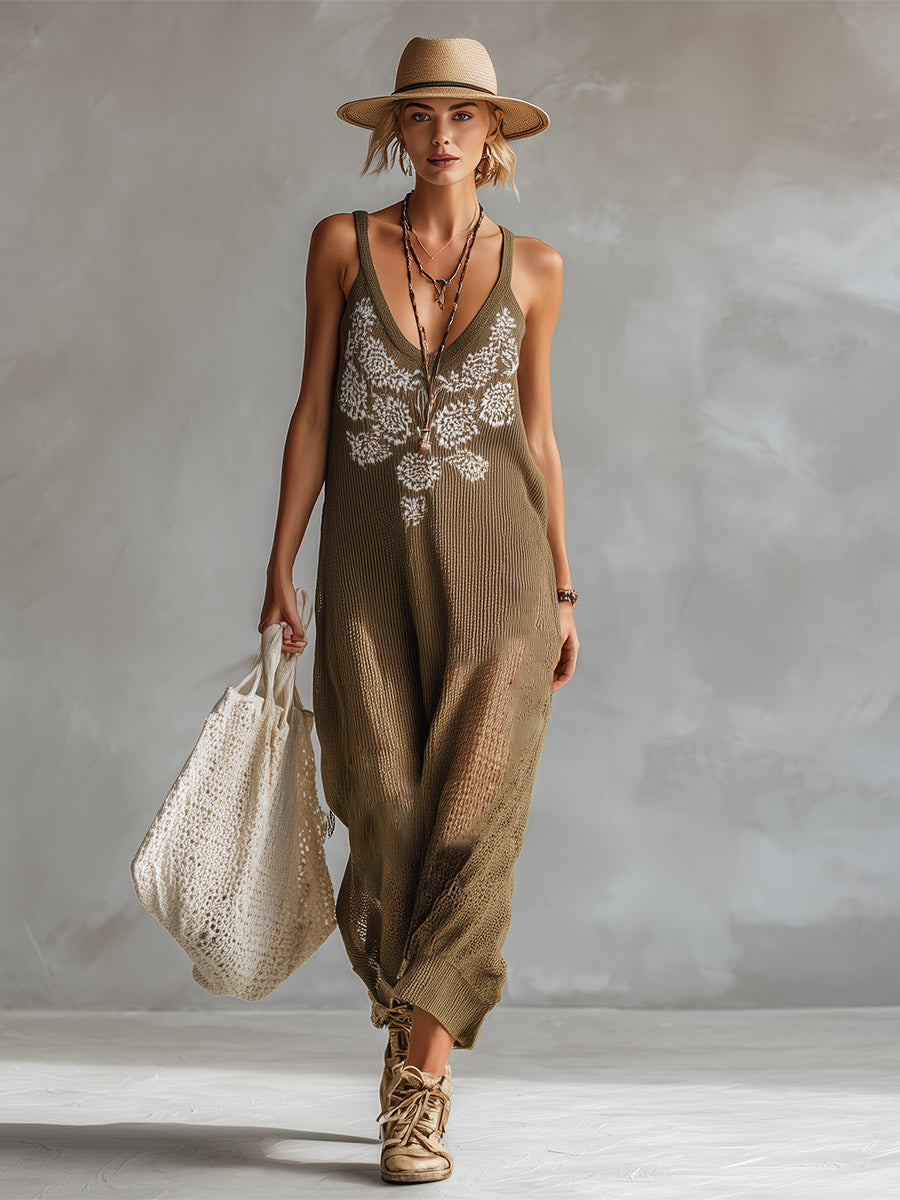 Elegant Vacation-Style Olive Green Floral Breathable Knit Sleeveless Maxi Dress