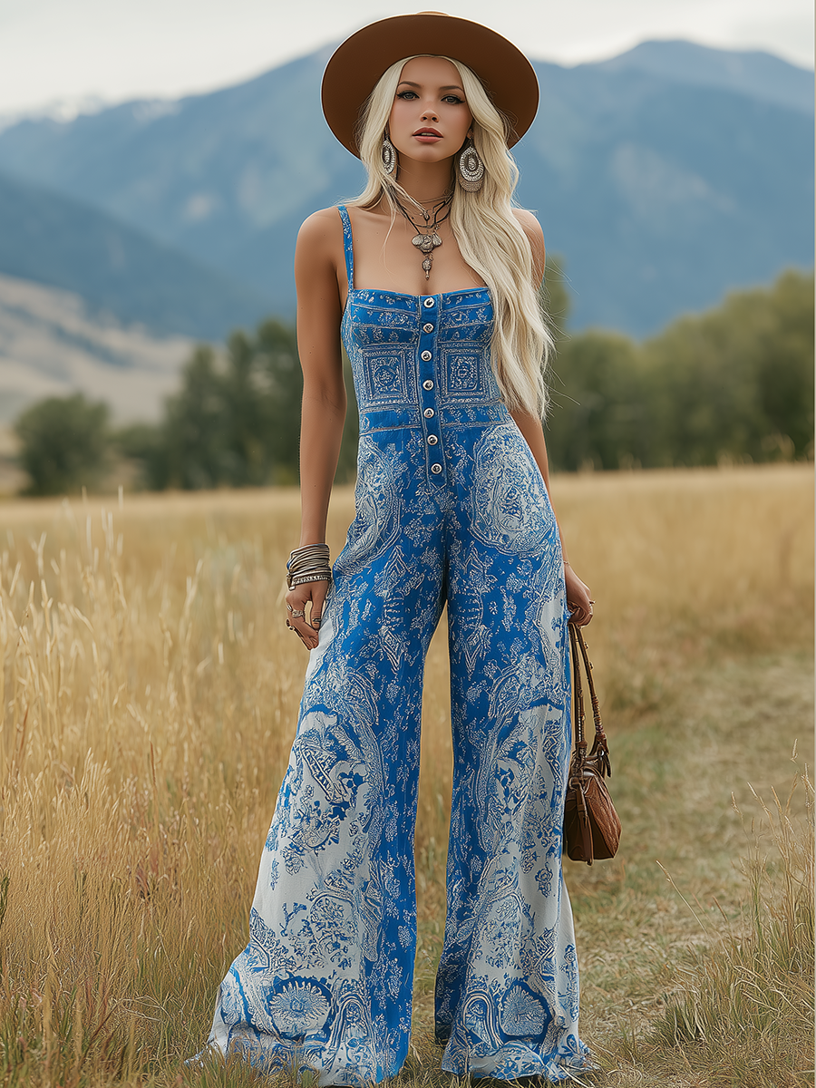Bohemian Style Fashionable Square Neck Sleeveless Button-down Chiffon Printed Jumpsuit