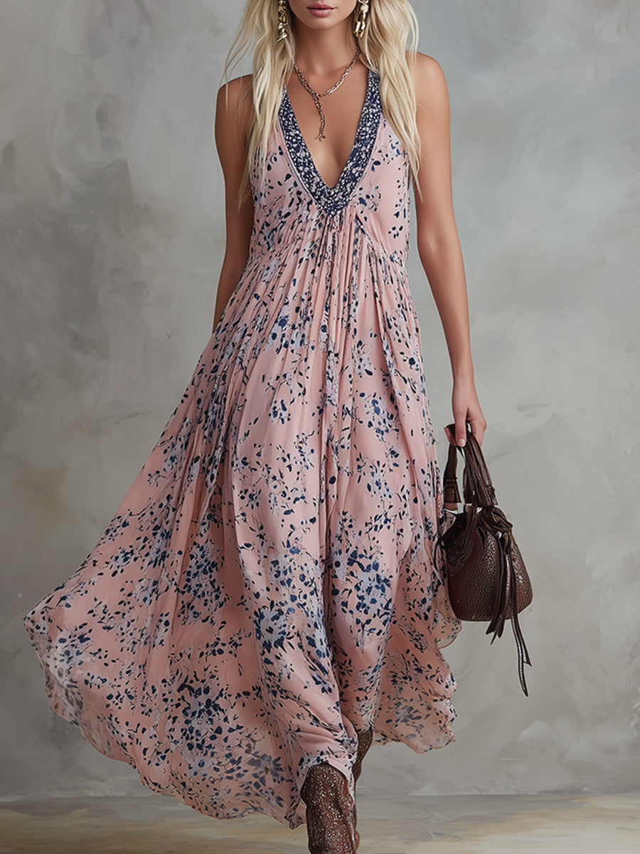 Retro Classic Floral Print Pink Chiffon V-Neck Sleeveless Maxi Dress
