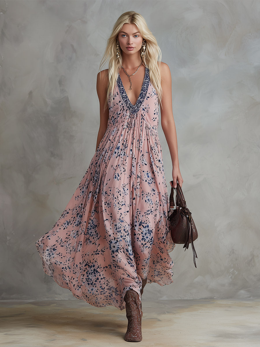 Retro Classic Floral Print Pink Chiffon V-Neck Sleeveless Maxi Dress