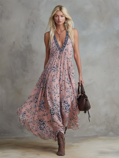 Retro Classic Floral Print Pink Chiffon V-Neck Sleeveless Maxi Dress