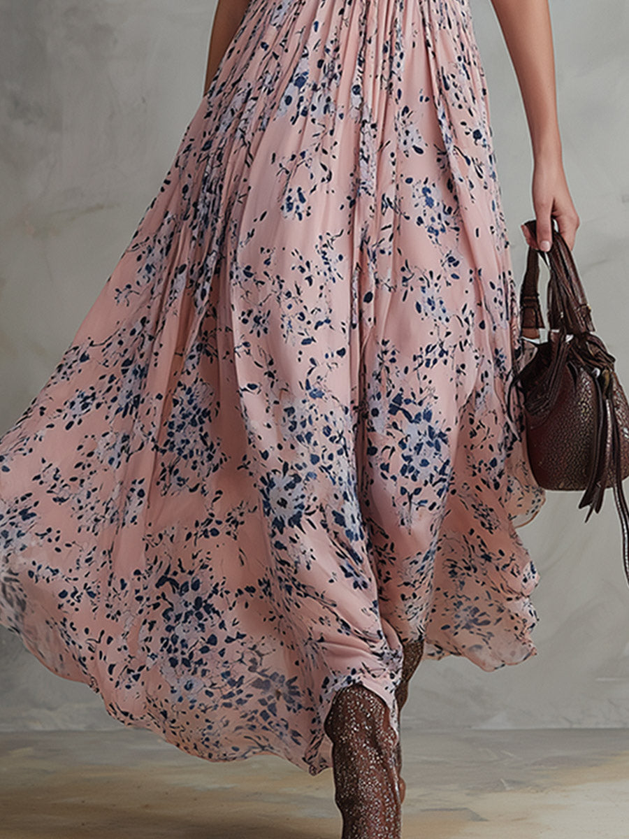 Retro Classic Floral Print Pink Chiffon V-Neck Sleeveless Maxi Dress