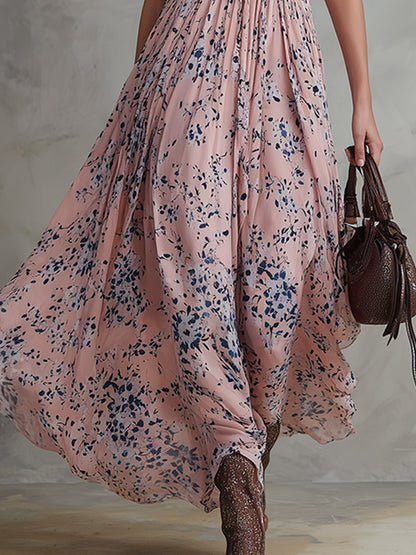 Retro Classic Floral Print Pink Chiffon V-Neck Sleeveless Maxi Dress
