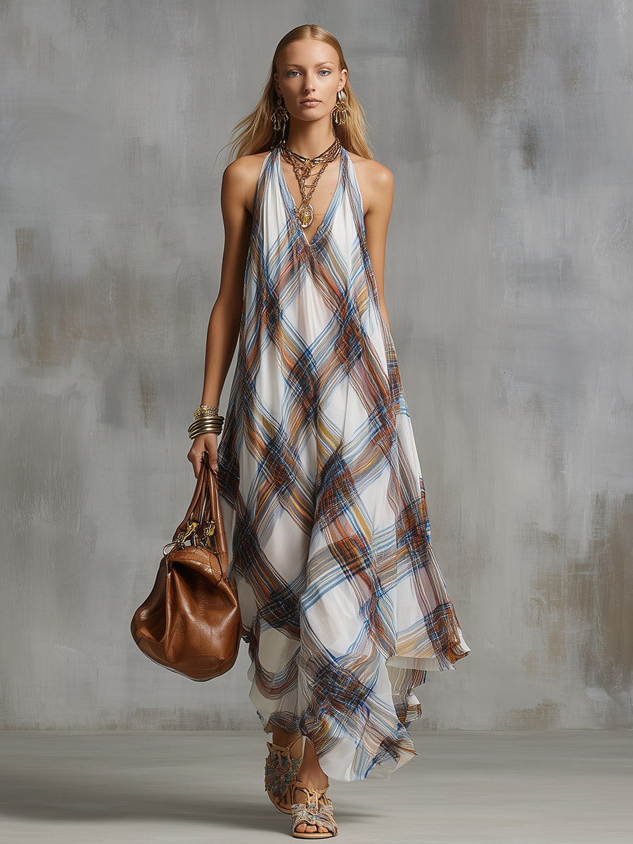 Classic Urban Silhouette Plaid-Print White Chiffon Maxi Dress