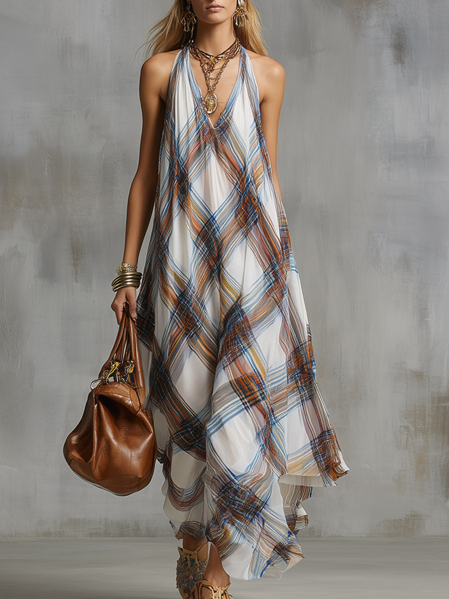 Classic Urban Silhouette Plaid-Print White Chiffon Maxi Dress