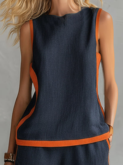 Elegant And Casual Two-tone Trim Dark Blue Cotton And Linen Vest And Shorts Set
