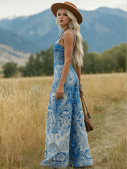 Bohemian Style Fashionable Square Neck Sleeveless Button-down Chiffon Printed Jumpsuit