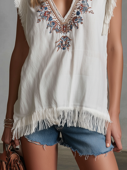 Fashionable Ethnic Style V-neck Embroidered Sleeveless Frayed Edge Top