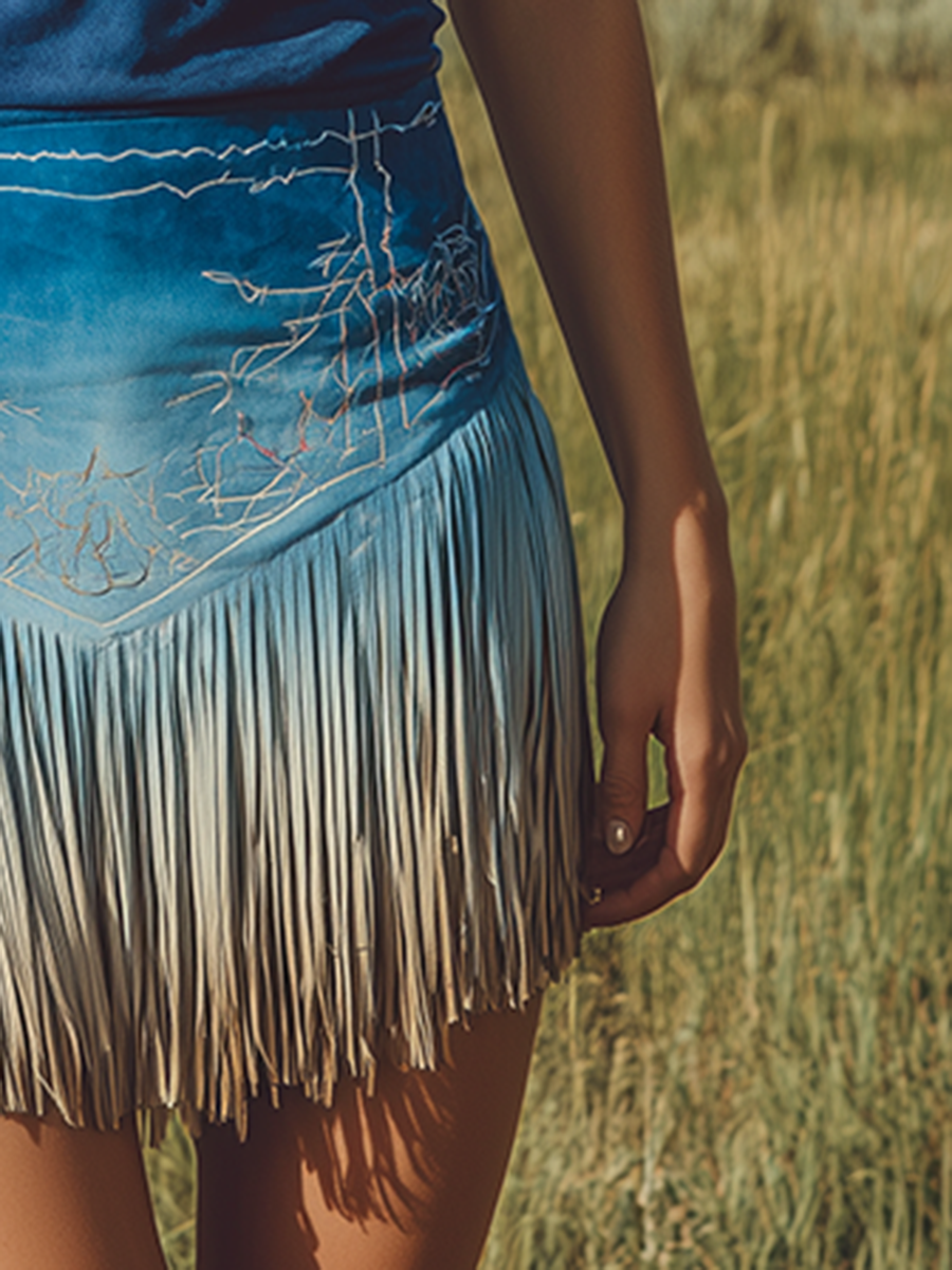 Bohemian Style Embroidered Tassel Gradient Faux Suede Mini Skirt