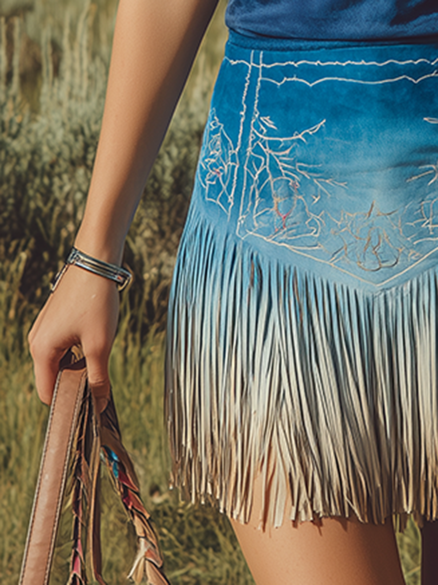 Bohemian Style Embroidered Tassel Gradient Faux Suede Mini Skirt