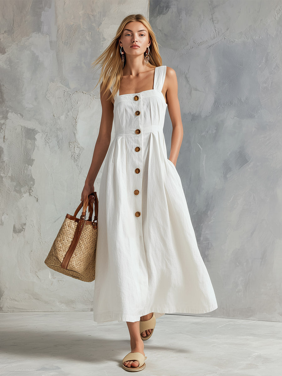 Elegant White Square-Neck Cotton-Linen Sleeveless Maxi Dress