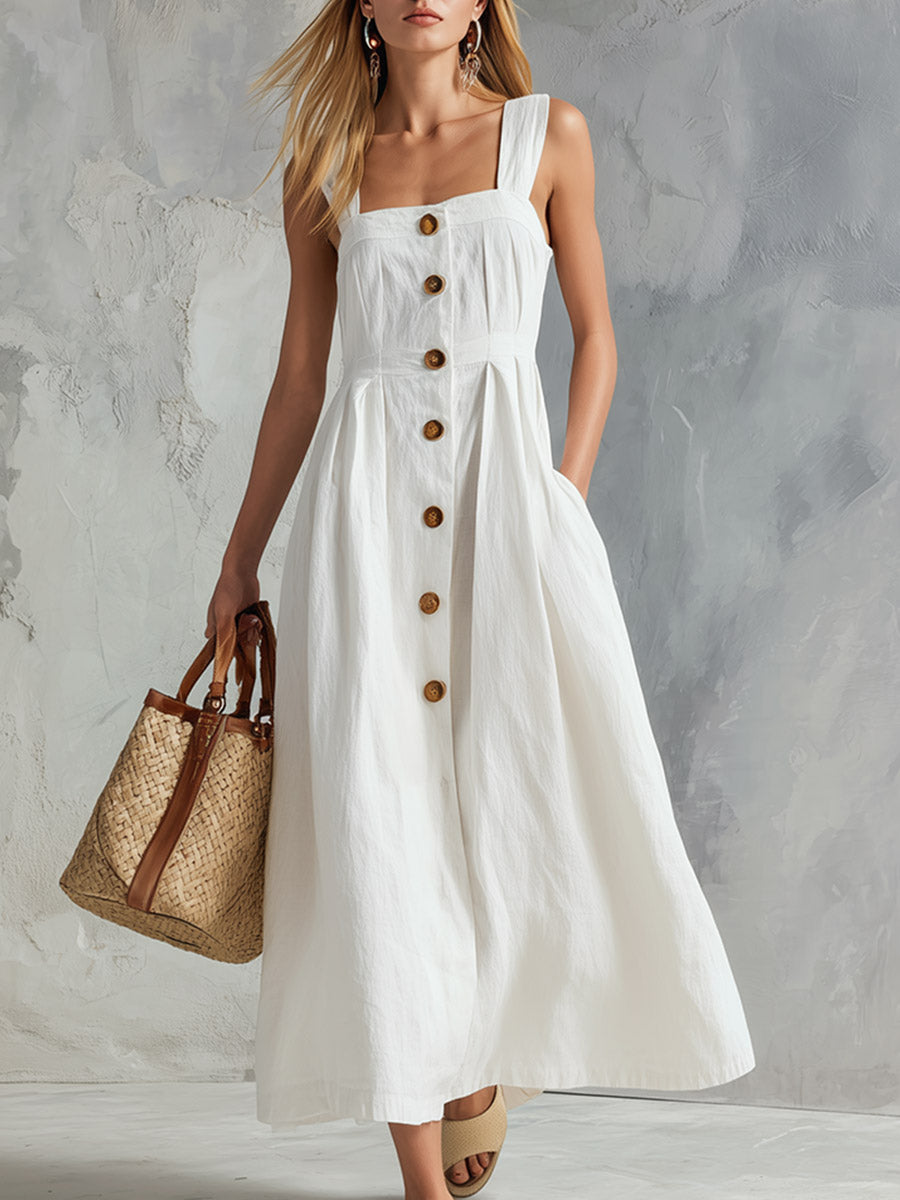 Elegant White Square-Neck Cotton-Linen Sleeveless Maxi Dress