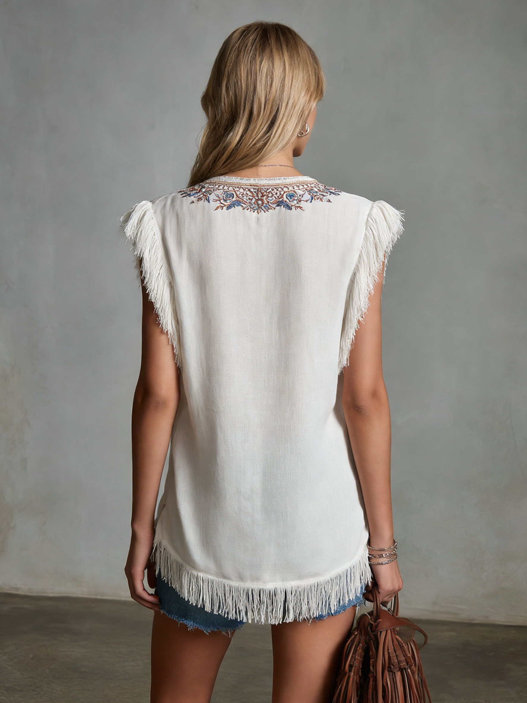 Fashionable Ethnic Style V-neck Embroidered Sleeveless Frayed Edge Top