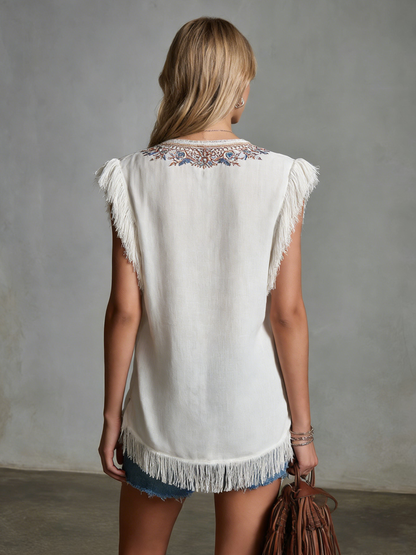 Fashionable Ethnic Style V-neck Embroidered Sleeveless Frayed Edge Top