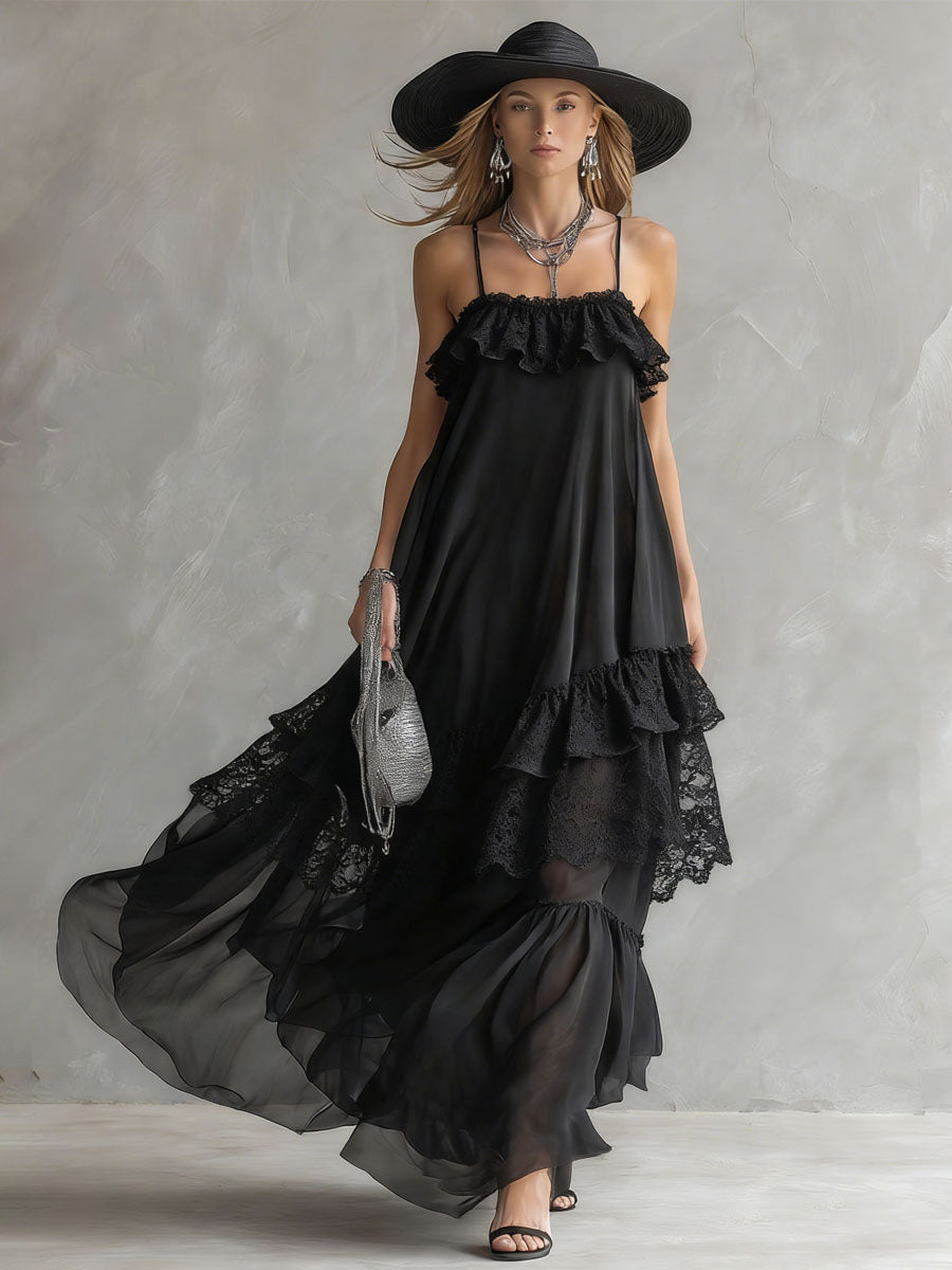 Black Chiffon And Lace Sleeveless Maxi Dress