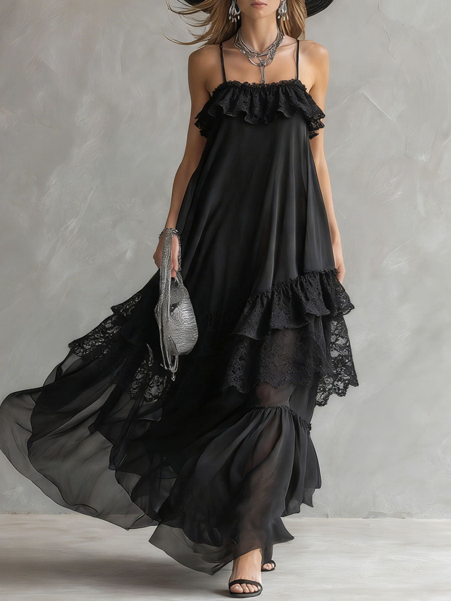 Black Chiffon And Lace Sleeveless Maxi Dress