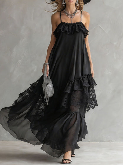 Black Chiffon And Lace Sleeveless Maxi Dress
