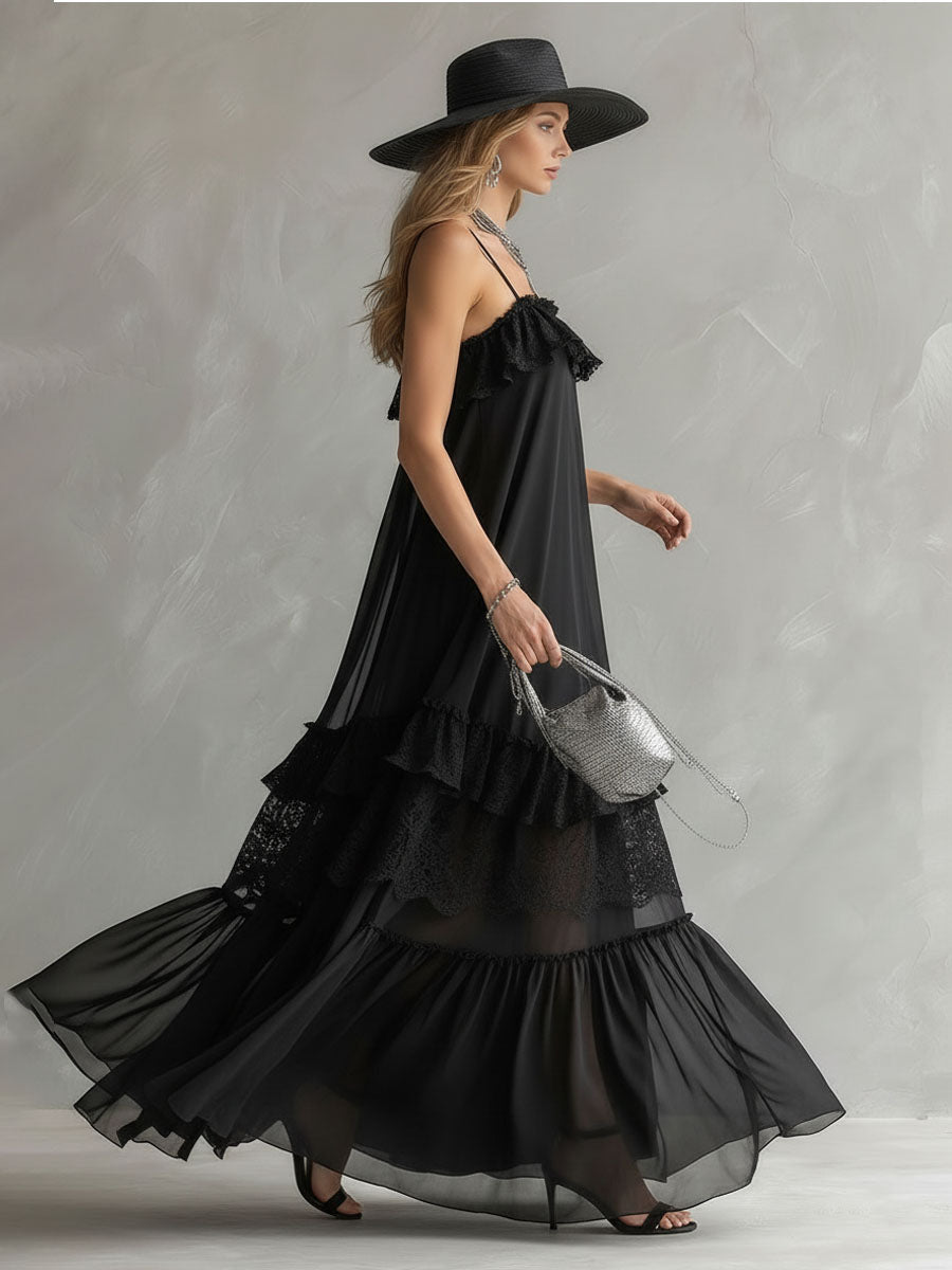 Black Chiffon And Lace Sleeveless Maxi Dress