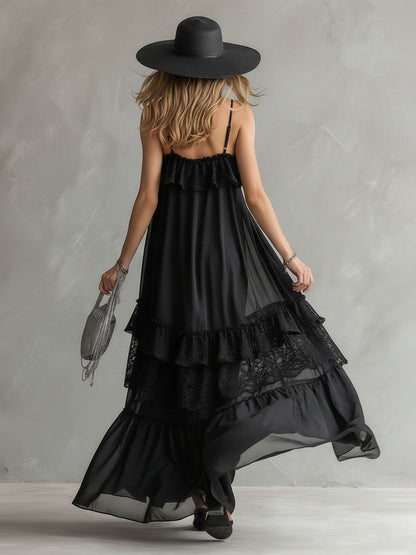 Black Chiffon And Lace Sleeveless Maxi Dress
