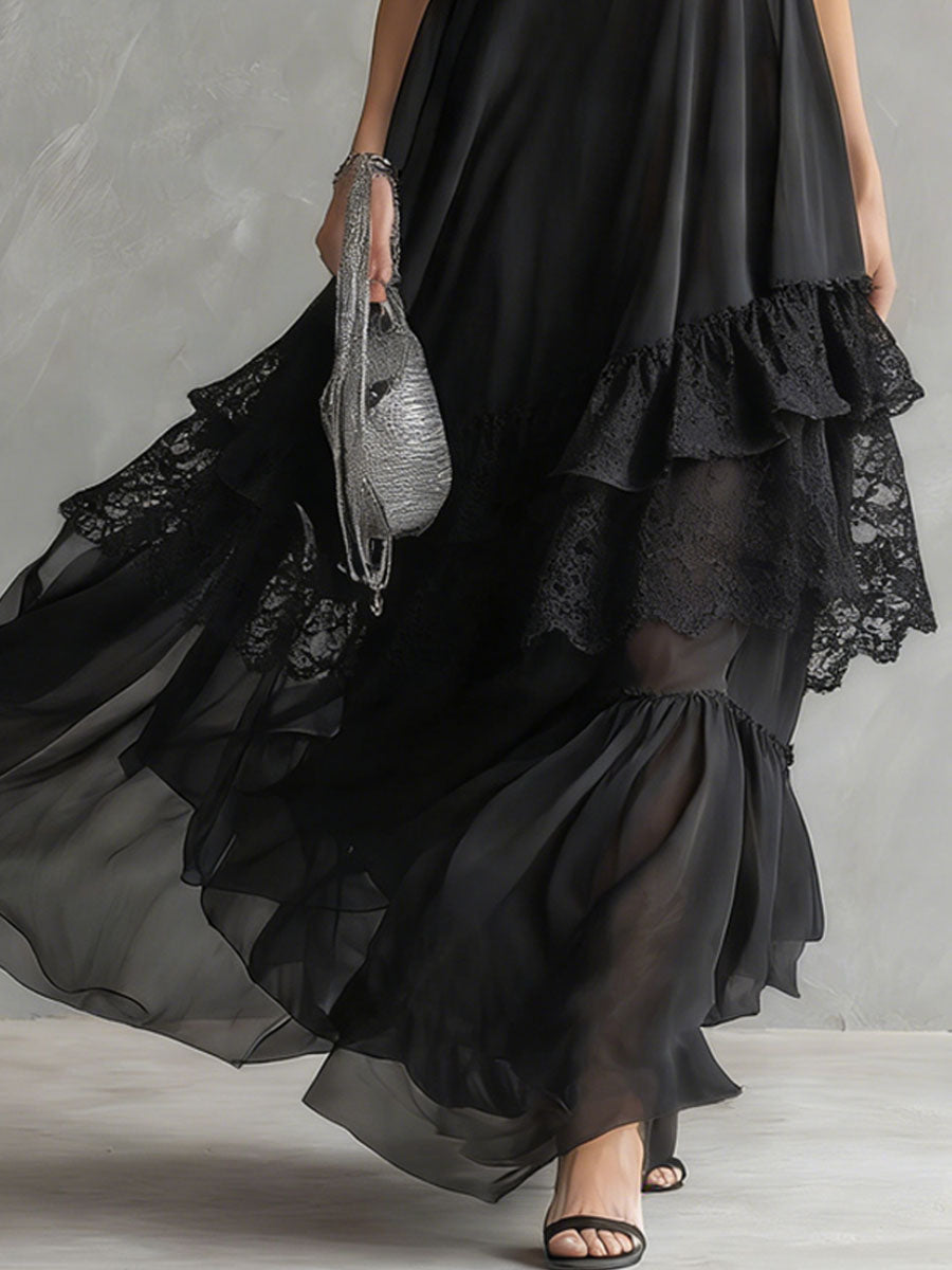 Black Chiffon And Lace Sleeveless Maxi Dress