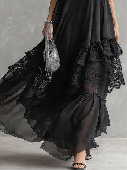 Black Chiffon And Lace Sleeveless Maxi Dress