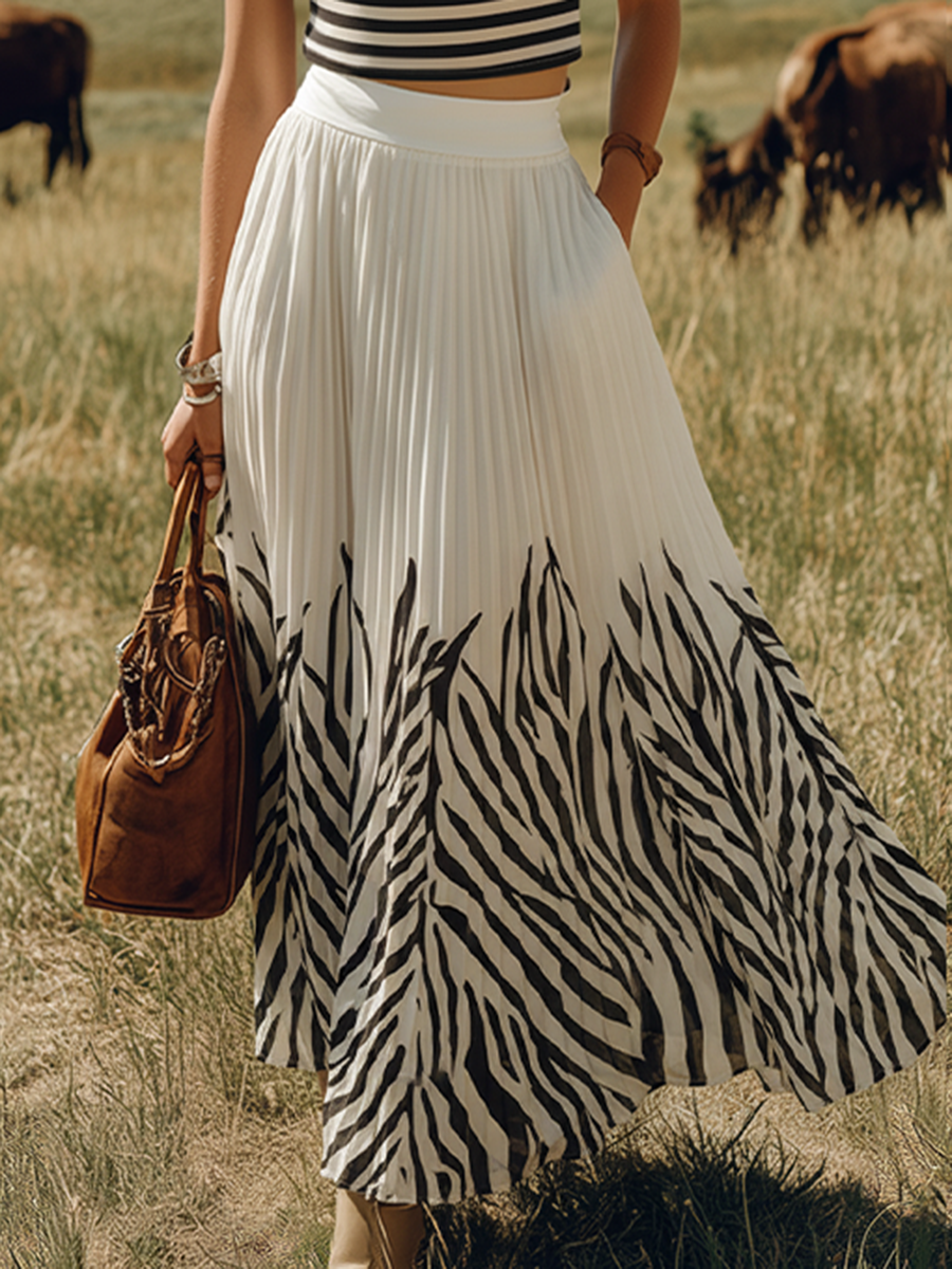 Bohemian-style Sleeveless Striped Top And Printed Color-blocked Chiffon Skirt Set